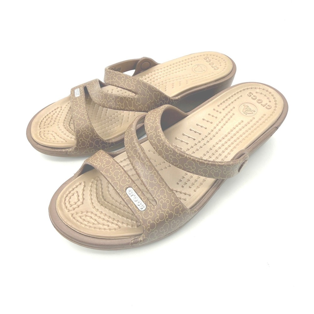 Crocs Disney Mickey Mouse Brown Wedge Sandals Triple Strap Slides Womens 6